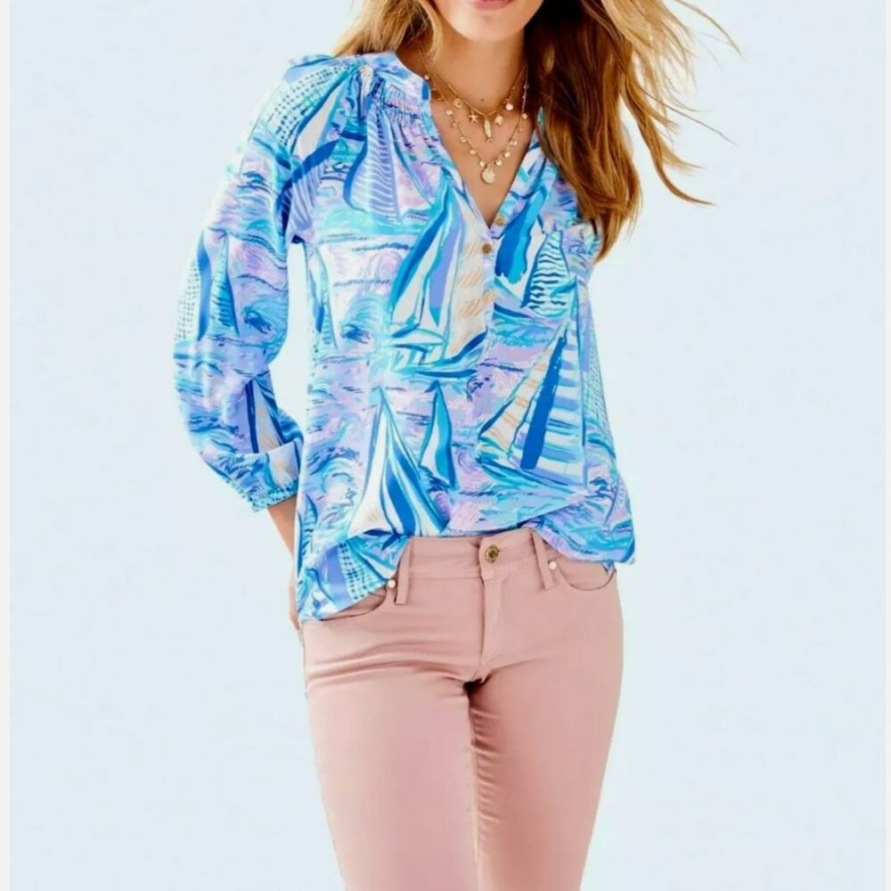 Lilly Pulitzer Elsa Silk Top in Light Lilac Verbena Aboat Time - Picture 2 of 10